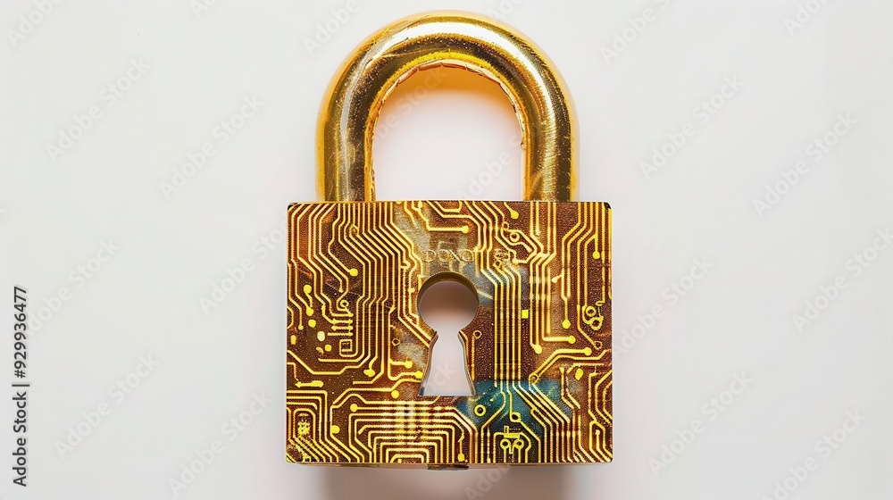 Poster isolate white background golden padlock adorned with intricate circuit patterns, symbolizing digital