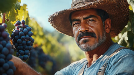 Portrait of a Vineyard Worker Holding a Bunch of Grapes in a Sunlit Vineyard