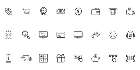 Minimalist E-Commerce Icon Set. 24 High-Quality Line Icons for Online Shopping, Payments, and Customer Support - Perfect for Web and App Design