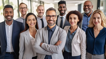 Fototapeta premium A portrait of a diverse group of businesspeople standing together in an office, smiling and looking at the camera with confidence. 