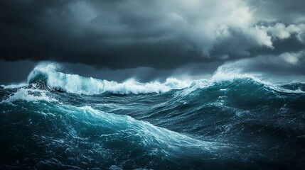 Fototapeta premium Stormy ocean with towering waves and dark clouds, capturing the raw power and turbulence of the sea during a tempestuous weather event 