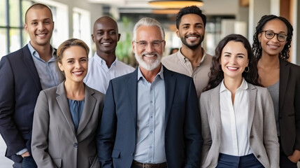 Obraz premium A portrait of a diverse group of businesspeople standing together in an office, smiling and looking at the camera with confidence. 