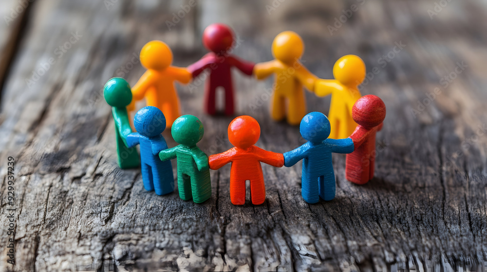 Poster a group of colorful toy figures holding hands, forming a circle on a rustic table, symbolizing unity