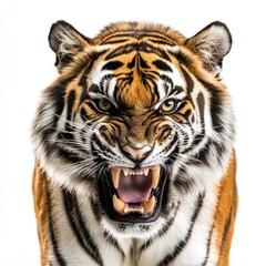 Fototapeta premium Face of an angry tiger roaring and opening its mouth, isolated on white