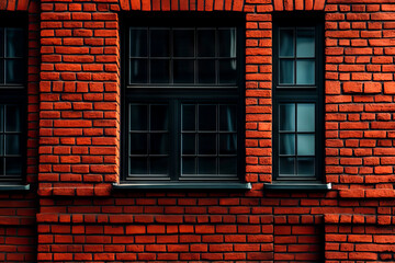 Fototapeta premium Close-up of vintage red brick wall with black-framed windows, showcasing architectural details and textures for urban aesthetics.