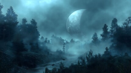 Crescent Moon in a Misty Forest River Dark Fantasy Sci-Fi Digital Art