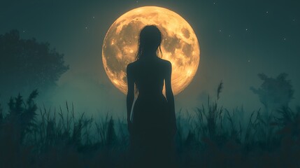 A stunning silhouette of a witch gazing at the full glowing moon, surrounded by misty nature and stars, creating a peaceful and mysterious nighttime atmosphere