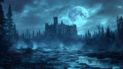Dark and Mysterious Full Moon Over a Gothic Castle Surrounded by a Misty Forest and Reflective Water Creating a Hauntingly Atmospheric Scene Perfect for Fantasy Photography
