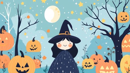 Illustration of a cute girl in a witch costume surrounded by jack-o'-lanterns and autumn leaves, perfect for a playful Halloween theme.