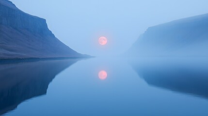 A tranquil pink full moon reflecting on the still waters between two misty mountains, creating a serene and calming scene of nature's beauty at dusk