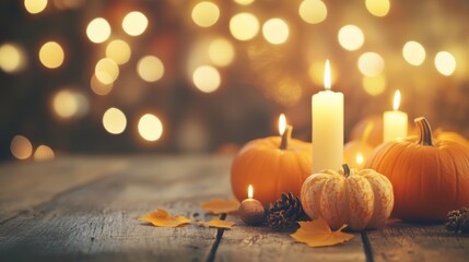 Festive Halloween decor with glowing jack-o'-lanterns and candles on a neutral background, creating a cozy holiday ambiance.