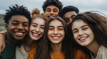 A group of young people of different nationalities and genders smiling 