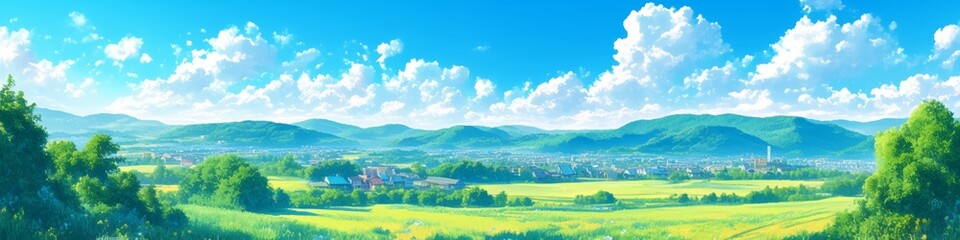 Obraz premium Enchanting Anime-Style Forest Landscape: Whimsical Winter Wonderland with Cozy Village and Magical Trees. AI-Generated Digital Art for Seasonal Marketing, Christmas Cards, and Storybook Illustrations.