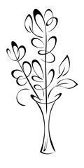 Stylized vase with flowers, leaves and curls; graphic design