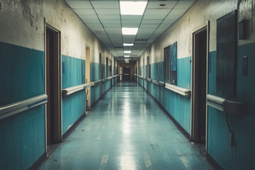 Obraz premium Abandoned Hospital Corridor with Medical Equipment