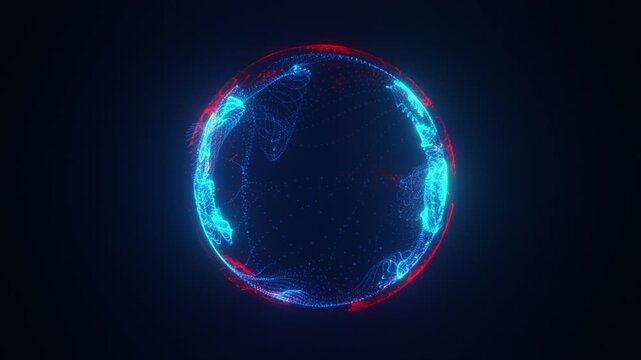 Abstract blue to red colored energy sphere glows brightly with energy rays and magical waves from particles and dots