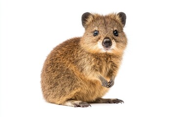 Obraz premium Happy cute quokka sitting and smiling on a white background with transparent cutouts