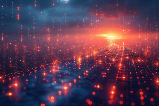 Abstract digital landscape with glowing lights and grid lines extending towards a vibrant horizon, representing technology and future concepts.