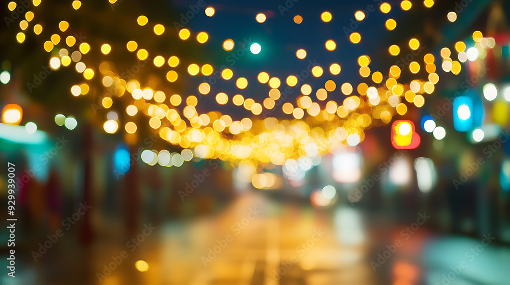 Wall mural a city street illuminated with diwali string lights, with the bokeh effect creating a magical and fe