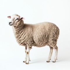 Fototapeta premium An isolated white background shows a close up portrait of a sheep from the side