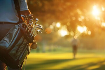 Naklejka premium A golfer carries a bag of golf clubs as the sun sets on a picturesque golf course, signaling the end of a perfect day spent outdoors enjoying the game.