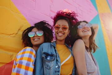 Three friends in casual, trendy outfits pose happily against a vibrant, colorful mural wall, wearing stylish sunglasses and expressing joy and friendship on a sunny day.