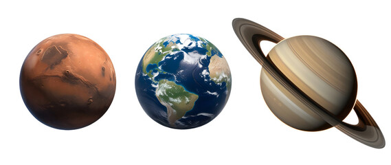 Celestial body collection planet earth, mars and saturn isolated on a white background PNG.
