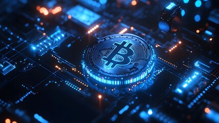 A futuristic 3D Bitcoin icon with the "₿" symbol floating above a rotating, translucent digital coin surrounded by glowing blue circuitry