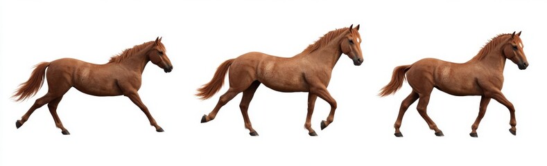 Three brown horses stand on a transparent background