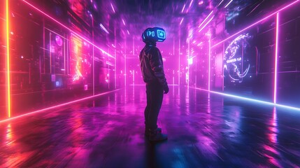Futuristic Neon Corridor with Person in Virtual Reality Headset