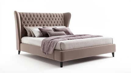 Stylish bedroom interior with modern furniture in the form of a bed with blankets and pillows, isolated on transparent background