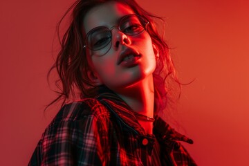Obraz premium An artistic image of an anonymous woman illuminated by red lighting, wearing a plaid shirt. The image evokes a sense of mystery and creativity against a stark background.
