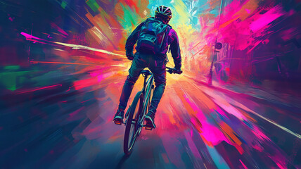 Fototapeta premium A cyclist rides through a vibrant, colorful urban landscape during twilight