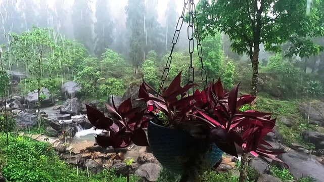 Rainy Evening View from Balcony Overlooking Mountain River in Dooars