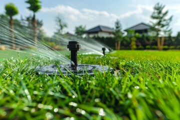 Close-up of garden sprinklers watering a lush green lawn on a sunny day, with the background featuring trees and residential houses, creating a vibrant scene.