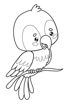 recommend clip art: Cute outline cartoon Ara parrot on branch. Funny kawaii bird. Line drawing, coloring book. Vector illustration. Kids collection