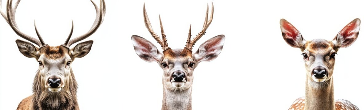 An isolated group of wild red deer and reindeer facing forward, isolated on a transparent background
