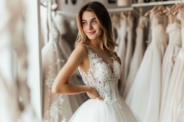 A bride-to-be is seen trying on a lacy white wedding dress in a bridal shop. She looks happy and excited as she admires the beautiful gown, full of anticipation for her big day.
