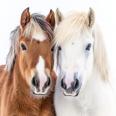 Isolated on transparent background, two horses nuzzling and bonding together.