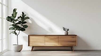 A minimalist wood sideboard set against a clean white wall in a modern living room interior, with space for copy above