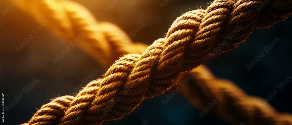 Aufkleber close-up of a twisted rope illuminated by warm light, creating a textured and dynamic visual suitabl
