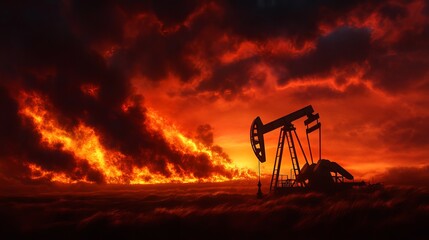 Dramatic sunset over an oil pump jack silhouetted against fiery clouds, representing energy production and natural resource extraction.