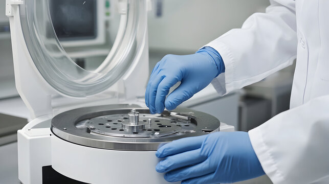 A person in lab coat and blue gloves is operating a centrifuge machine