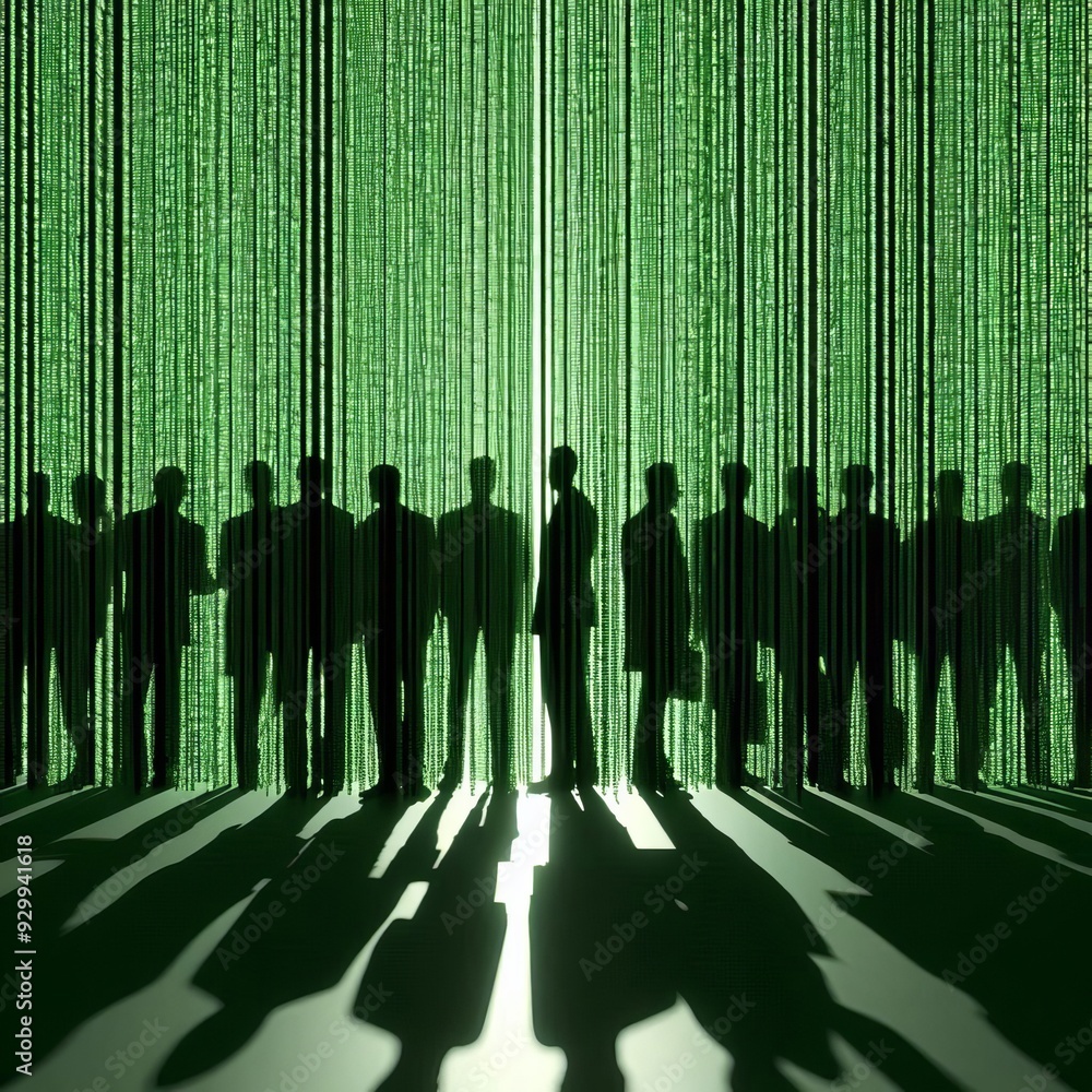 Poster matrix code photogram silhouettes of delegates are created enti
