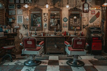 An old-fashioned barbershop featuring vintage barber chairs and stations with various grooming supplies and retro decor, evoking nostalgia and classic barbering culture.