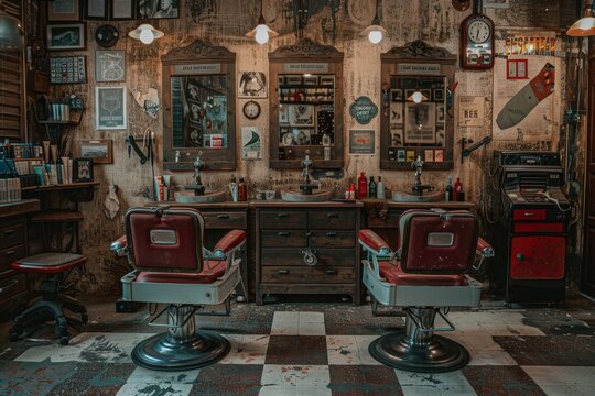 An old-fashioned barbershop featuring vintage barber chairs and stations with various grooming supplies and retro decor, evoking nostalgia and classic barbering culture.