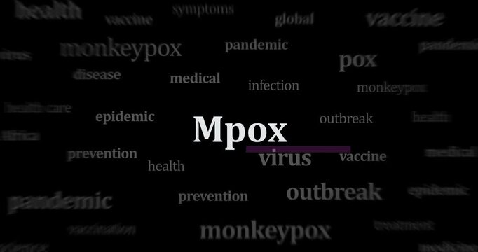 Mpox monkeypox epidemic headline news across international media seamless looped. Abstract concept news titles broadcast on screens loop. 