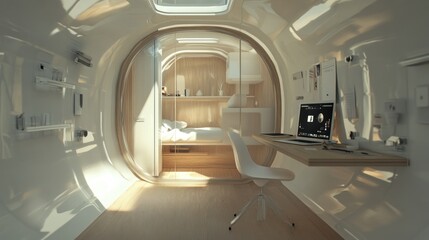 Obraz premium Modern, minimalist, and futuristic interior design of a compact living space with a desk, computer, bed, and a sliding door.