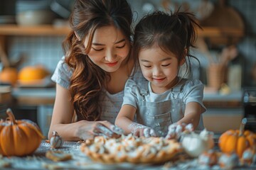 Fototapeta premium Mother and daughter baking together in the kitchen, creating special memories during Thanksgiving, highlighting family traditions and bonding.