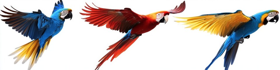 Fototapeta premium Vibrant Macaw Trio: Creative Abstract Design of Flying Parrots in Red, Blue, and Blue-Yellow. AI-Generated Digital Art for Marketing, Greeting Cards, and Storybook Illustrations. Perfect for UI Decora